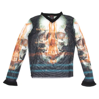 Jean Paul GAULTIER CLASSIQUE Cyber ​​Skull Print Knit Trim Mesh T-shirt