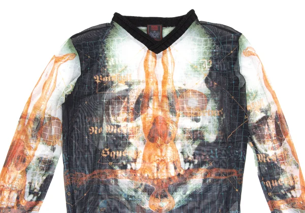 Jean Paul GAULTIER CLASSIQUE Cyber ​​Skull Print Knit Trim Mesh T-shirt K-173571_002