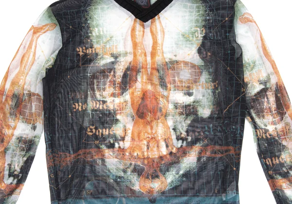 Jean Paul GAULTIER CLASSIQUE Cyber ​​Skull Print Knit Trim Mesh T-shirt K-173571_004