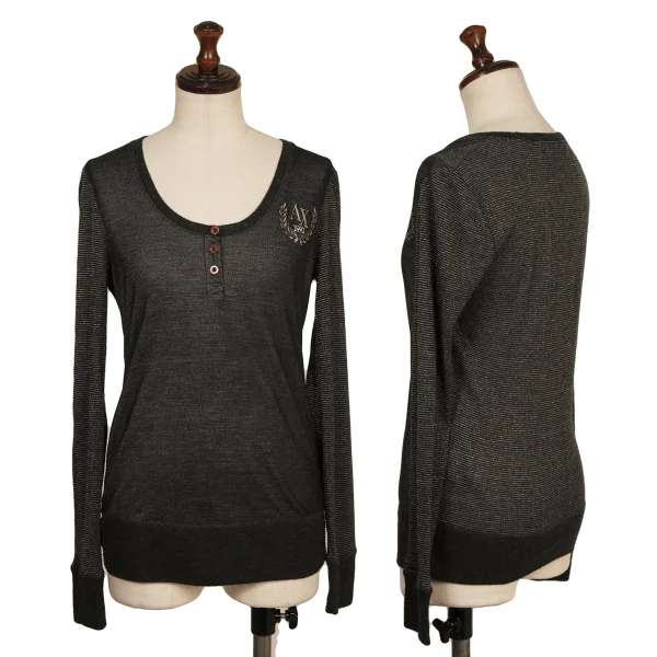 ARMANI EXCHANGE Embroidered Accent Henley Neck Knit Top Black,Silver S K-173592_001