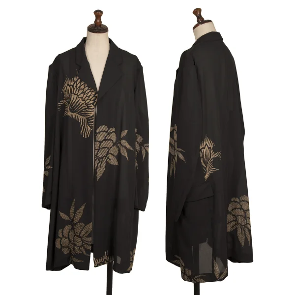 COMME des GARCONS Floral Print Sheer Buttonless Long Jacket Black,Beige M K-173598_001