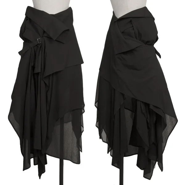 Yohji Yamamoto FEMME Linen Blend Asymmetric Drape Skirt Black 1 K-173625_001