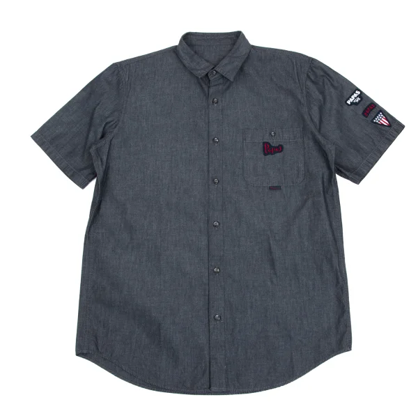 Papas Logo Patch Cotton Chambray Short Sleeve Shirt  Navy 48M K-173629_001