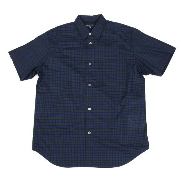 COMME des GARCONS HOMME Front and Back Panel Design Short Sleeved Plaid Shirt Navy,Green XS K-173633_001