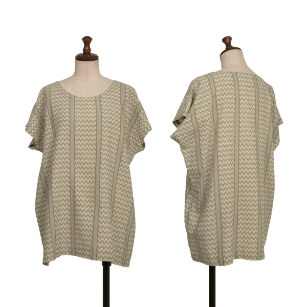 ISSEY MIYAKE Cotton Linen Herringbone Stripe Top Beige M K-173659_001