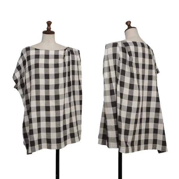 ISSEY MIYAKE Cotton Linen Block Check Sleeve Top Black,White 9 K-173664_001