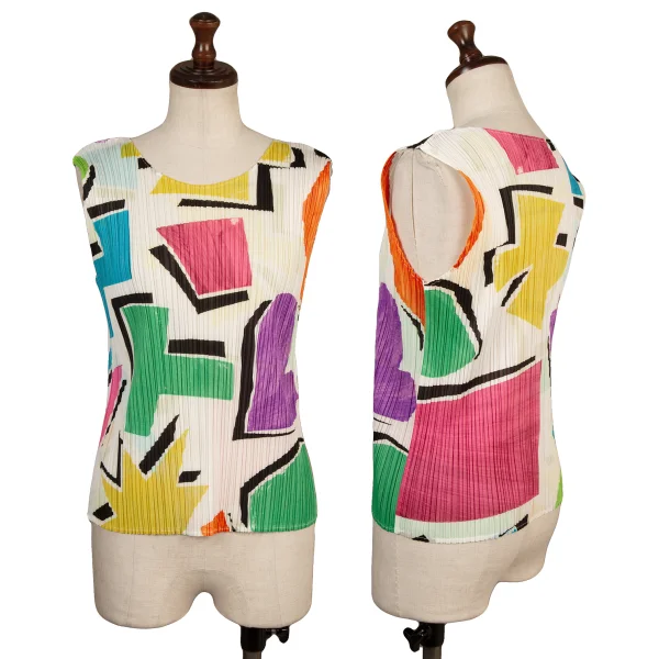 PLEATS PLEASE Colorful Geometric Print Pleated Sleeveless Top White,Multi-Color 3 K-173708_001
