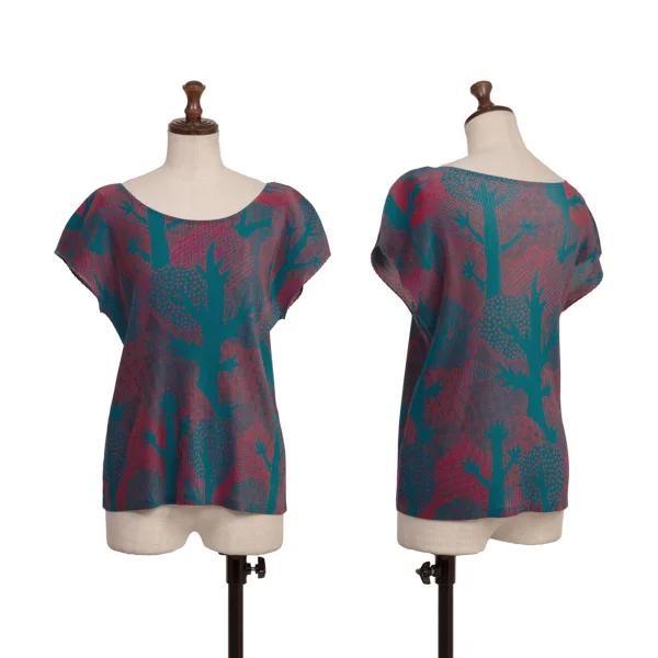 PLEATS PLEASE Mist Pleats Forest Wood Print T-shirt Blue,Red 3 K-173711_001