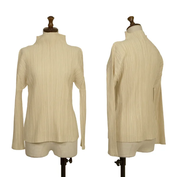 PLEATS PLEASE Pleated High Neck Long Sleeve Top Cream 3 K-173720_001