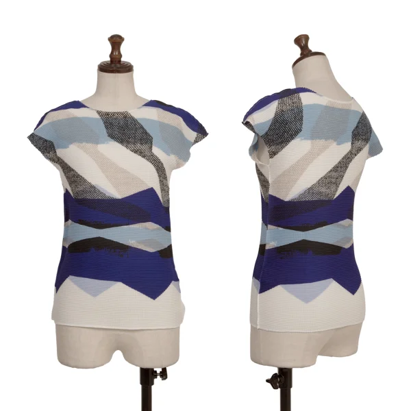 ISSEY MIYAKE me Stretch Pleated Multi-Stripe Short Sleeve Top White,Blue Free K-173734_001