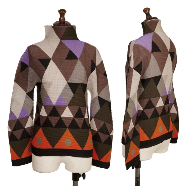ISSEY MIYAKE me Stretch Pleats Long Sleeve Geometric Print Top Multi-Color Free K-173737_001