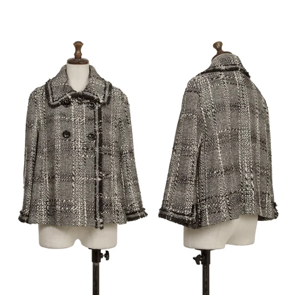 HIROKO BIS Checked Tweed Fringe Jacket Black,White 11 K-173799_001
