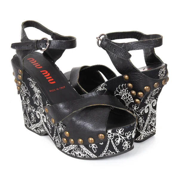 MIU MIU Floral Wedge-sole Sandals Black 38 K-173827_001