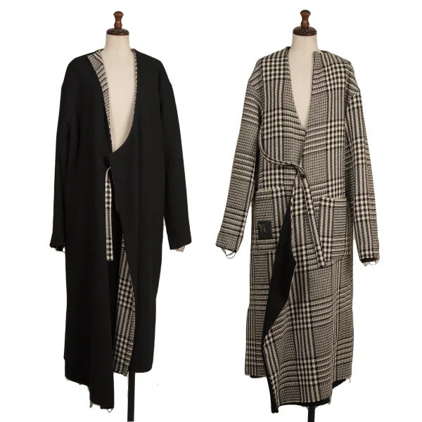 Y's Cut Off Checker Reversible Collarless Coat Black,White 1 K-173939_001