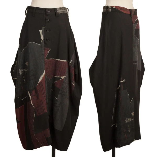 Y's Wool Graphic Print Skirt Black 1 K-173944_001