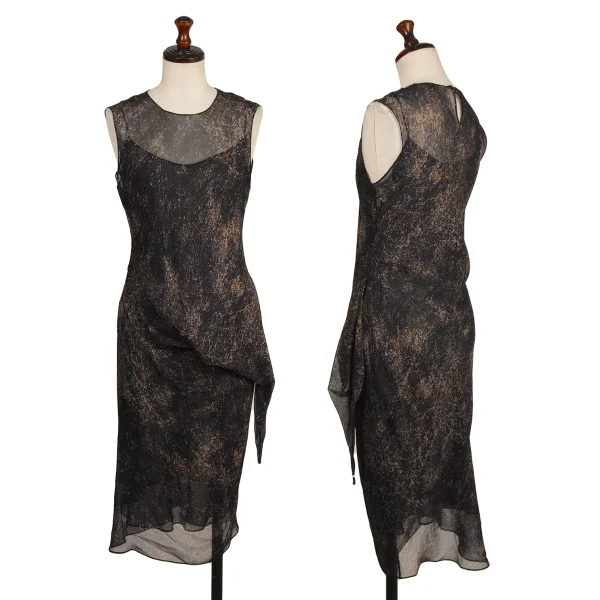 DONNA KARAN Silk Chiffon Graphic Asymmetric Dress Navy,Beige 36 K-173957_001