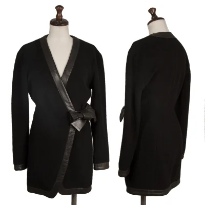 DONNA KARAN Leather Piping Wool Knit Cardigan