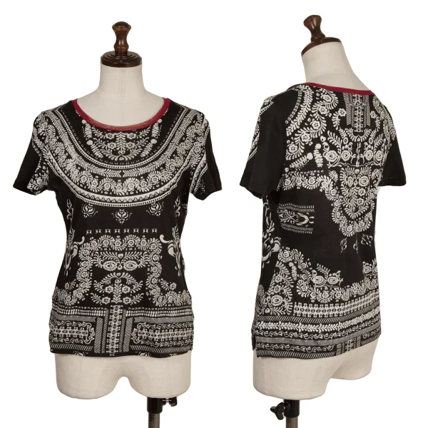 Jean Paul GAULTIER Mesh Trim Botanical Print T-Shirt Black,White,Red 40 K-174021_001