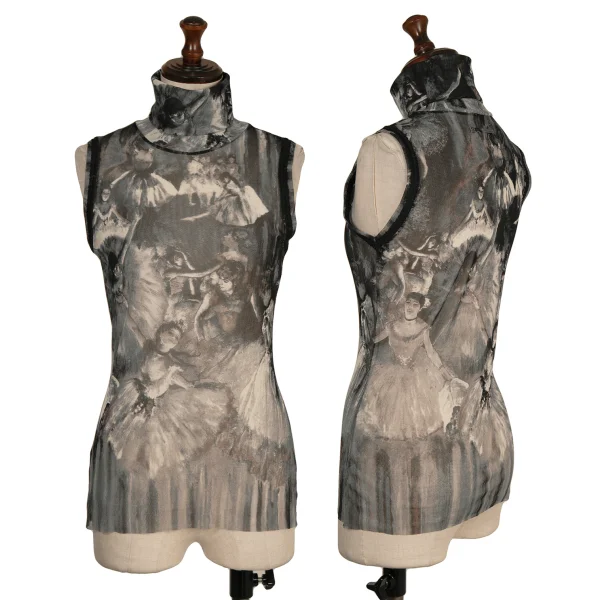 Jean Paul GAULTIER FEMME Ballerina Print Mesh Turtleneck Sleeveless Top Grey 40 K-174023_001