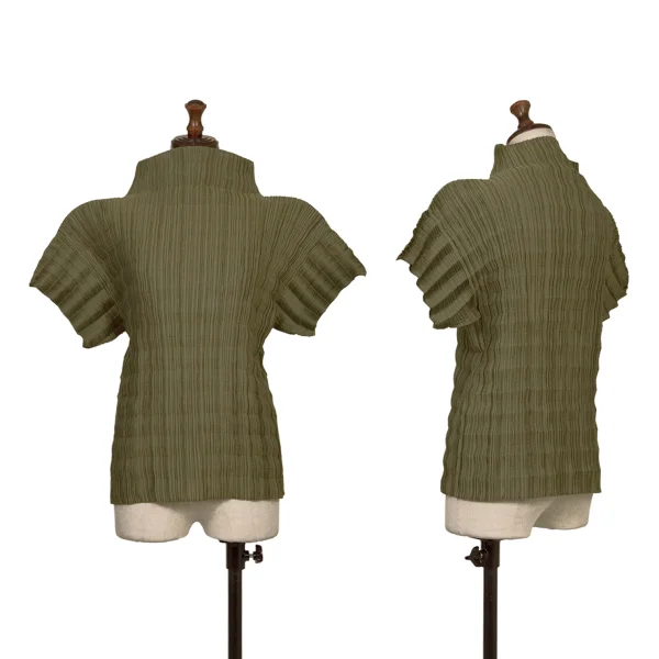 ISSEY MIYAKE WHITE LABEL Zigzag Pleats Mock-neck Top Khaki 2 K-174130_001