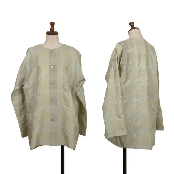 ISSEY MIYAKE PERMANENTE Silk Glitter Check Weave Collarless Blouse Beige,Grey M K-174169_001