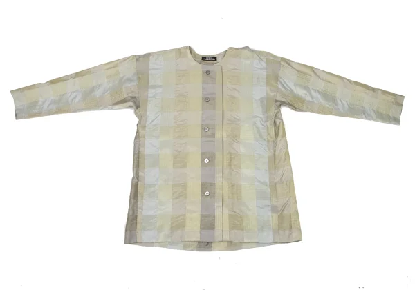 ISSEY MIYAKE PERMANENTE Silk Glitter Check Weave Collarless Blouse K-174169_002