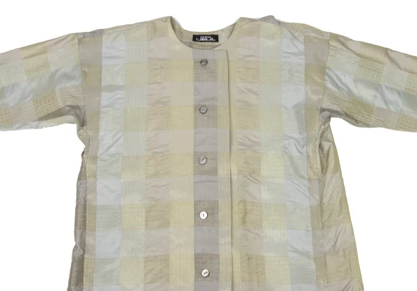 ISSEY MIYAKE PERMANENTE Silk Glitter Check Weave Collarless Blouse K-174169_003