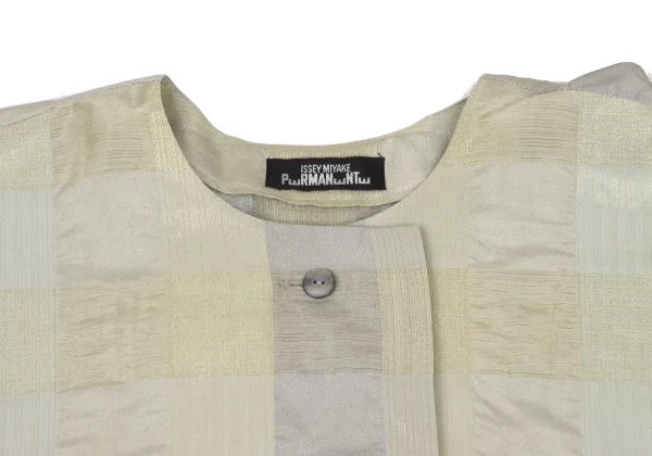 ISSEY MIYAKE PERMANENTE Silk Glitter Check Weave Collarless Blouse K-174169_004