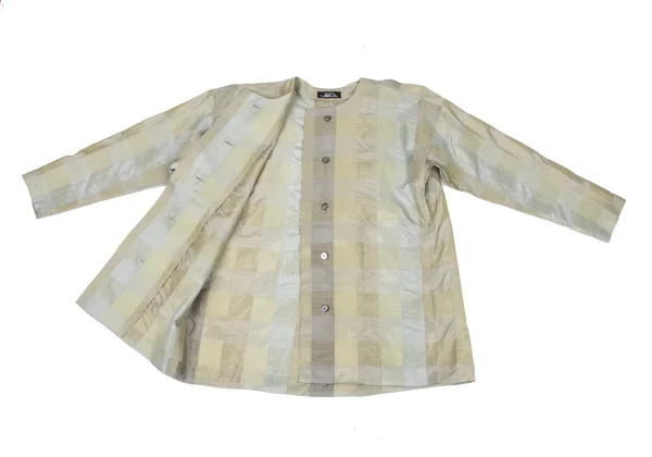 ISSEY MIYAKE PERMANENTE Silk Glitter Check Weave Collarless Blouse K-174169_009