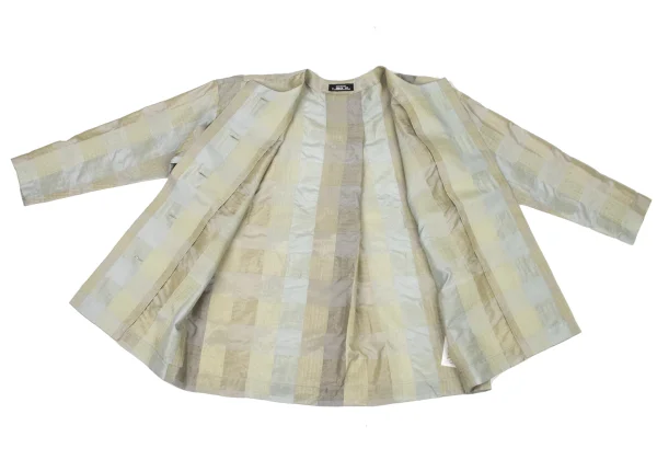 ISSEY MIYAKE PERMANENTE Silk Glitter Check Weave Collarless Blouse K-174169_010