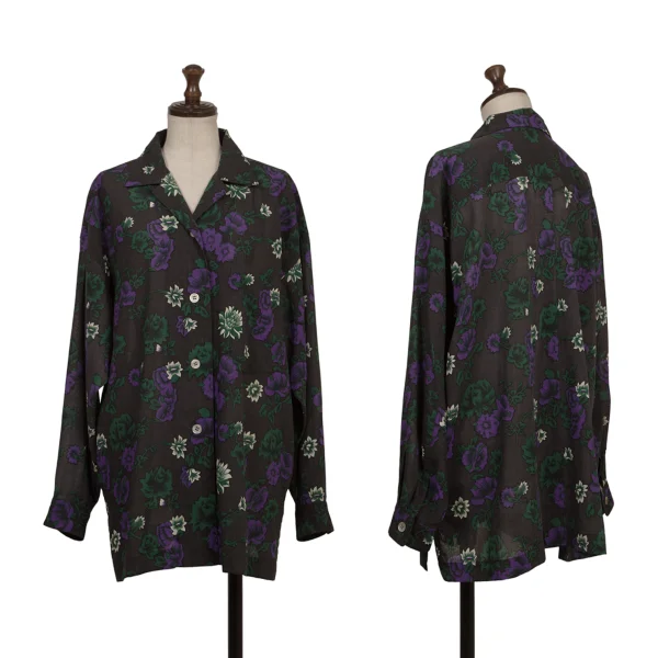 ISSEY MIYAKE PERMANENTE Wool Floral Print Open-collar Shirt Black,Green,Purple M K-174170_001