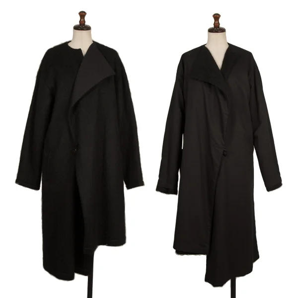 Y's Mohair Blend Wool Reversible Collarless Coat Black 1 K-174244_001