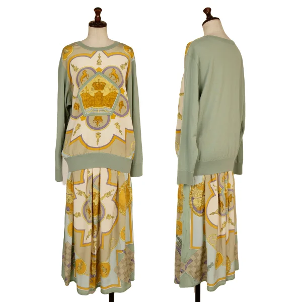 yoshie inaba Silk Scarf Switching Wool Knit Seater & Skirt Green,Multi-Color M位 9 K-174305_001