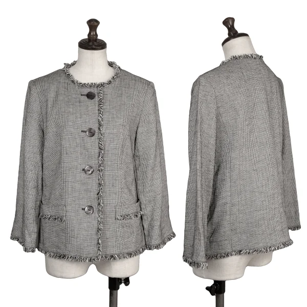 yoshie inaba Linen Blend Fringe Trim Jacket Black,White 9 K-174310_001