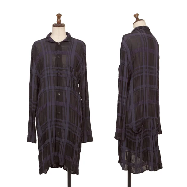 Y's Sheer Plaid Switching Slit Stand-collar Shirt Black,Purple 1 K-174316_001