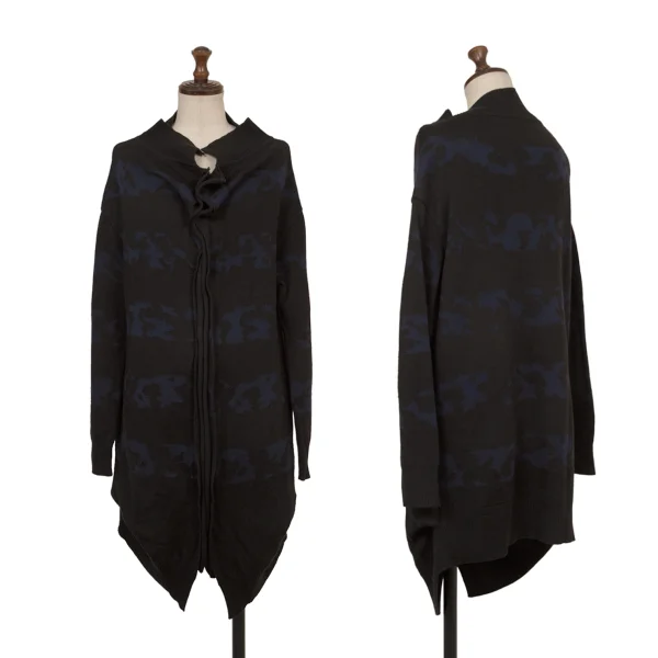 Y's Wool Acrylic Patterned Jacquard Knit Cardigan Black,Blue 2 K-174486_001