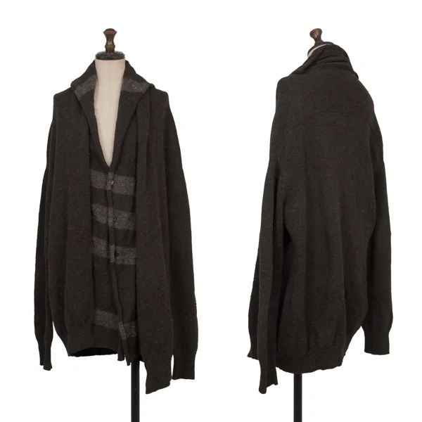 Y's Front Stripe Layered Wool Knit Cardigan Brown 3 K-174489_001