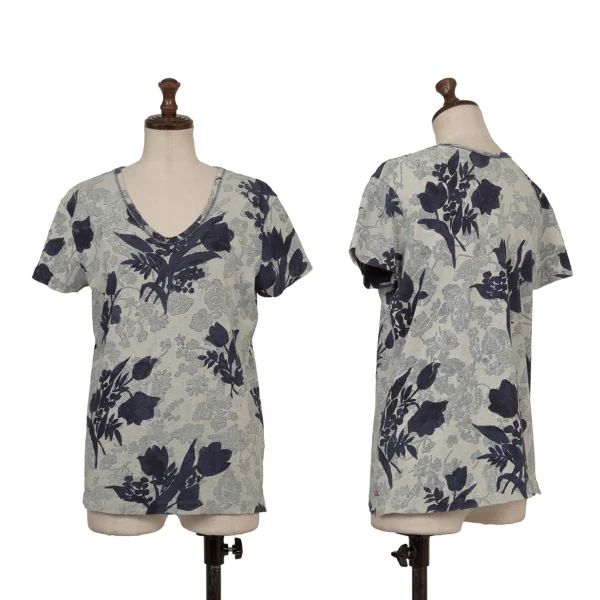 45rpm 45R Indigo Dyed Floral Print T-shirt White, Indigo 3 K-174503_001
