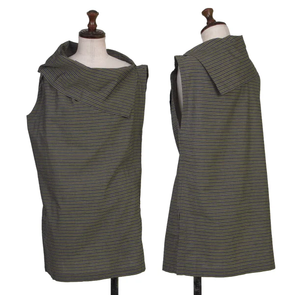 ISSEY MIYAKE Drape Neck Stripe Sleeveless Top Khaki M K-174525_001
