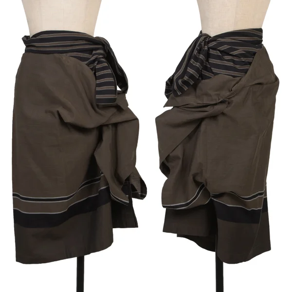 ISSEY MIYAKE Stripe Layered Cotton Skirt Khaki M K-174526_001