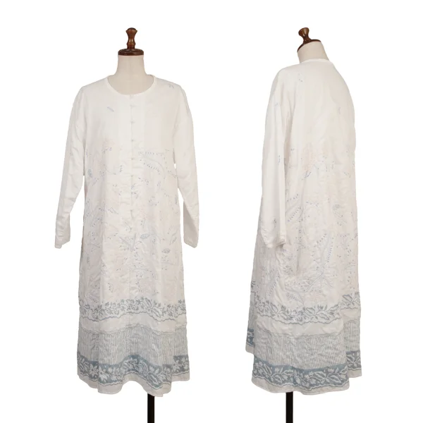 ISSEY MIYAKE HaaT Floral Embroidery Print 3/4 Sleeve Pullover Dress White,Blue 3 K-174619_001