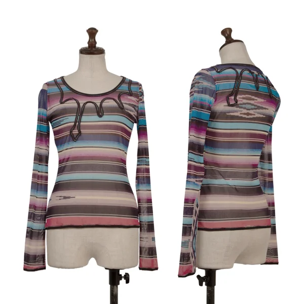 Jean Paul GAULTIER FEMME Taping Design Mesh Striped Top Multi-Color 40 K-174623_001