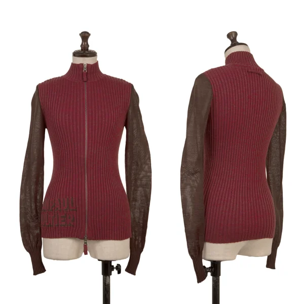 Jean Paul GAULTIER FEMME Logo Weave Sleeve Switching Zip-up Knit Top Red,Brown 40 K-174630_001