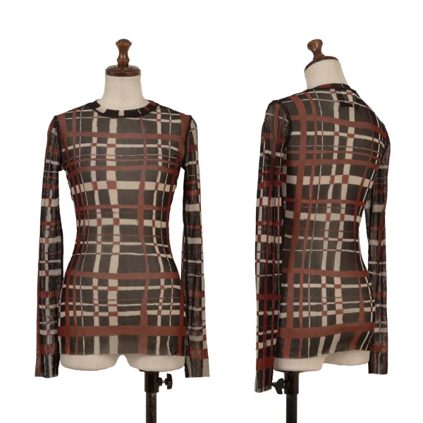 Jean Paul GAULTIER MAILLE FEMME Drawing Check-Print Mesh Top Red,White,Black S K-174639_001