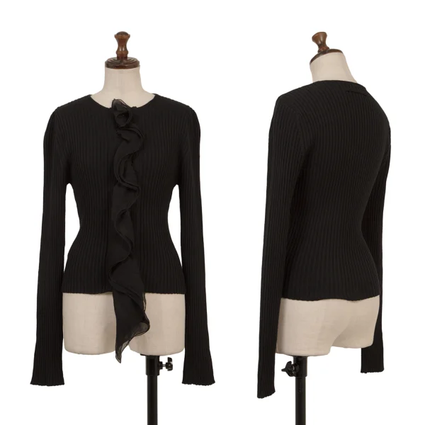 Jean Paul GAULTIER Wool Frill Switching Rib Knit Cardigan Black 40 K-174644_001