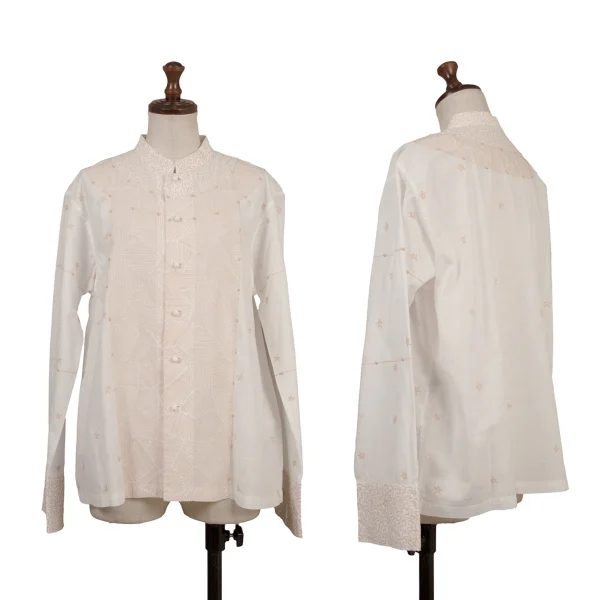 ISSEY MIYAKE HaaT Star Embroidery Band-collar Blouse White,Brown 2 K-174685_001