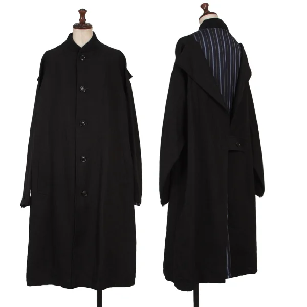 Y's Stripe Layered Linen Cotton Coat Black 1 K-174748_001