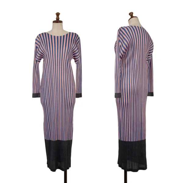 PLEATS PLEASE Pleats Striped Switching Dress Navy,Pink 5 K-174766_001