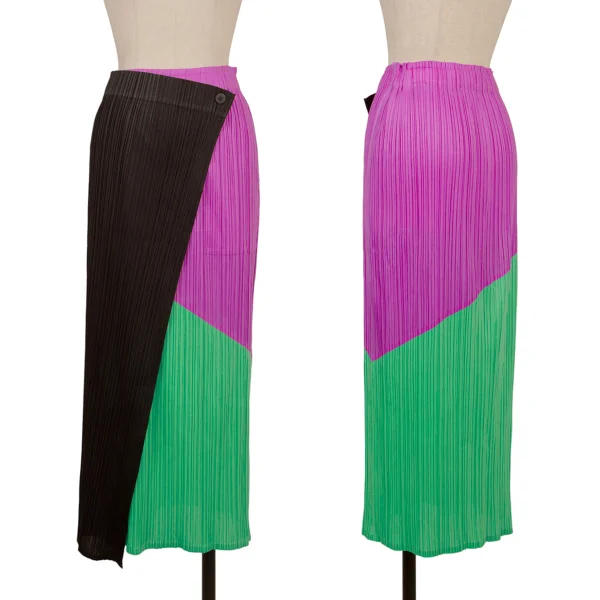 PLEATS PLEASE Color Block Front Wrap Skirt Purple,Black,Green 3 K-174770_001