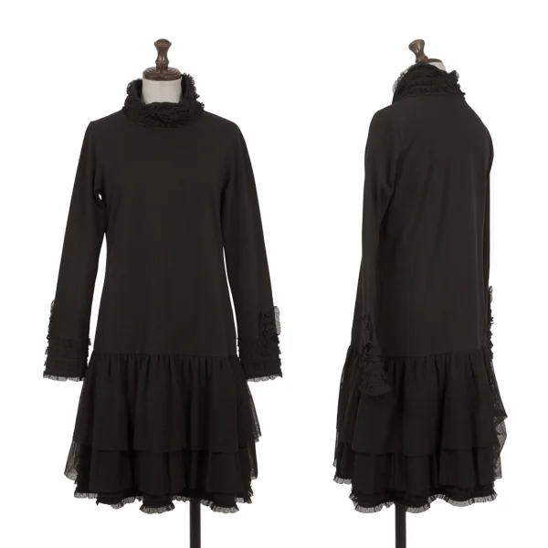 PINK HOUSE Cotton Blend Mesh Frill Stretch High-neck Dress Black S-M K-174793_001